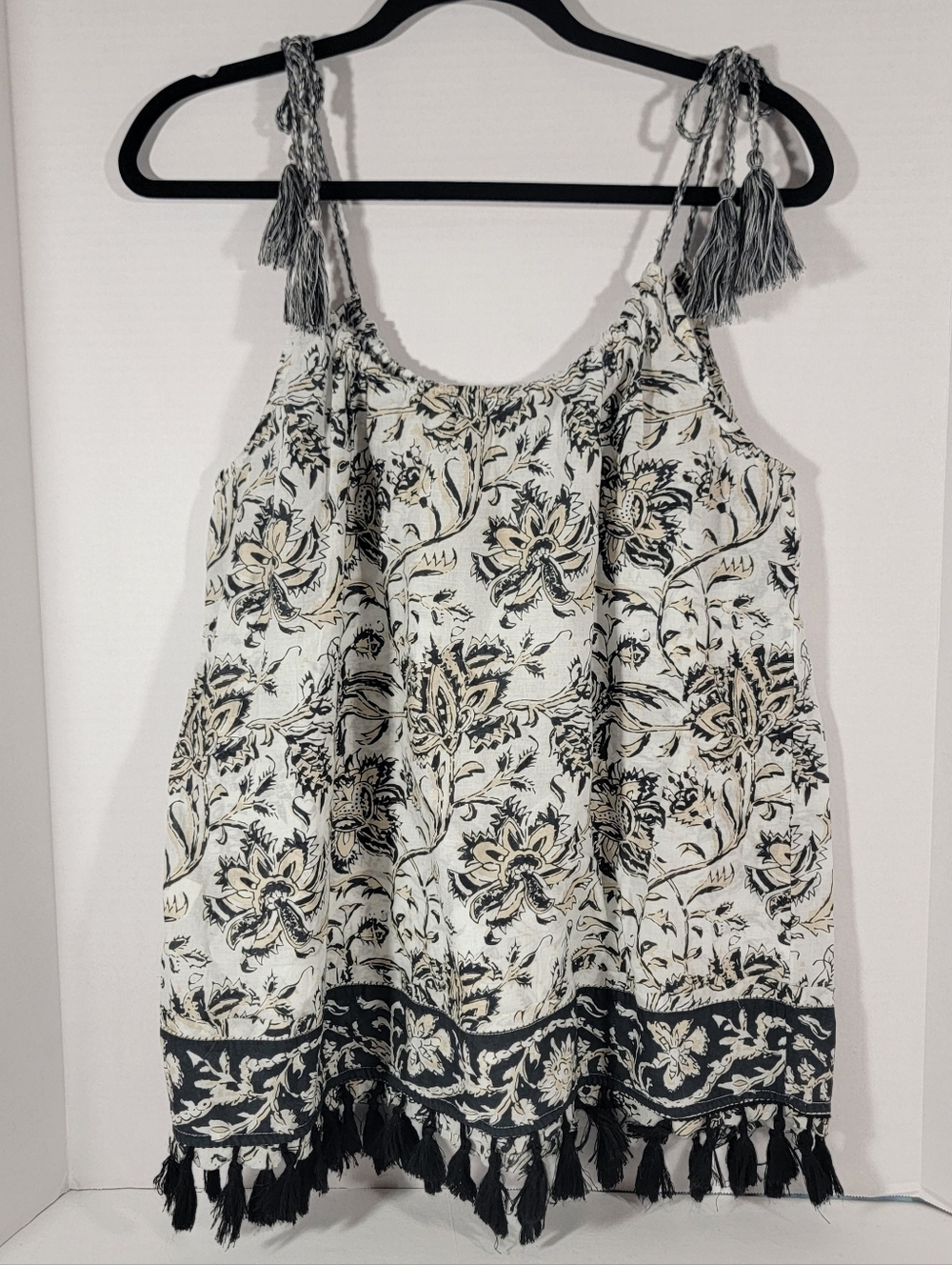 Sundance Cream and Black Floral Tassel-Strap Blouse